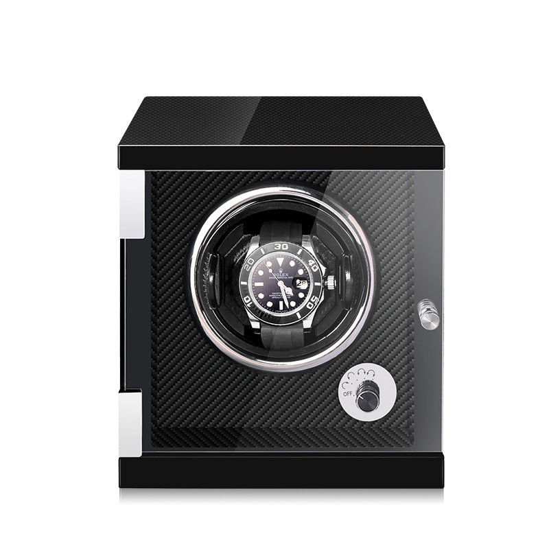 Black lacquer single watch winder with LED lights, showcasing a sleek and modern design.