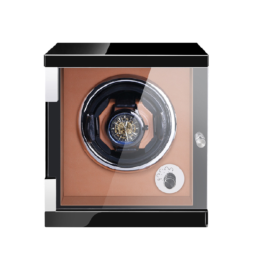 Black Lacquer Watch Winder with Brown PU Interior - OK Magnify