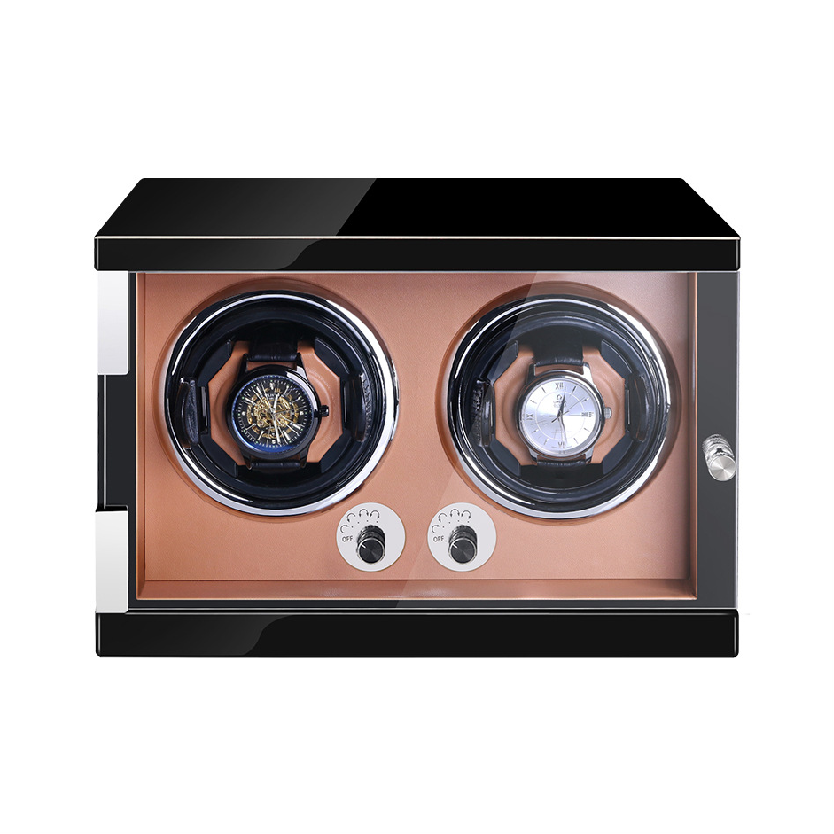 Double Watch Winder with Brown PU Interior - OK Magnify