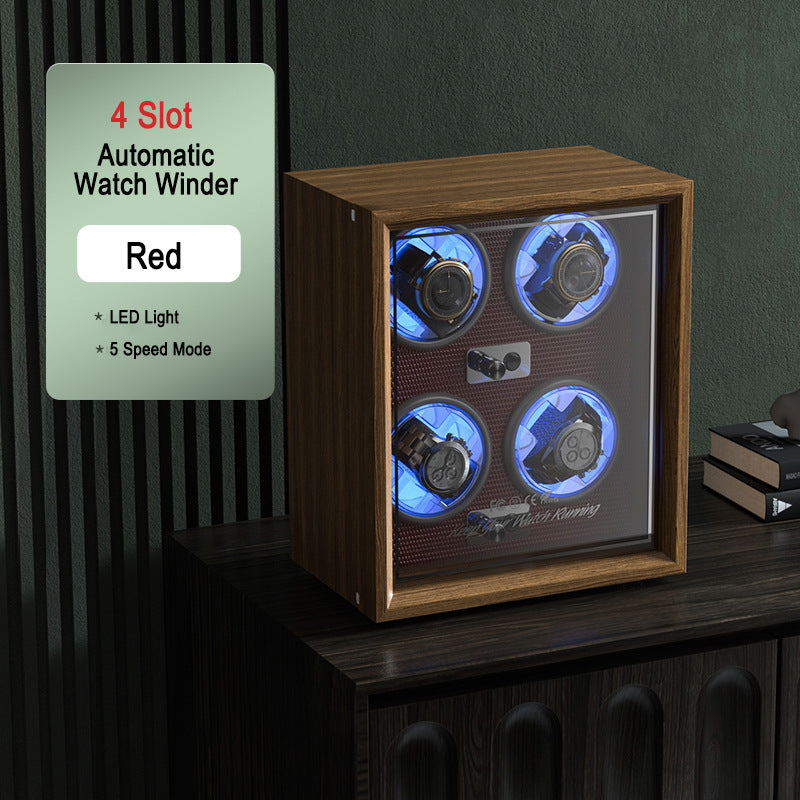 Black Walnut Veneer Quad Watch Winder with Red Interior - OK Magnify