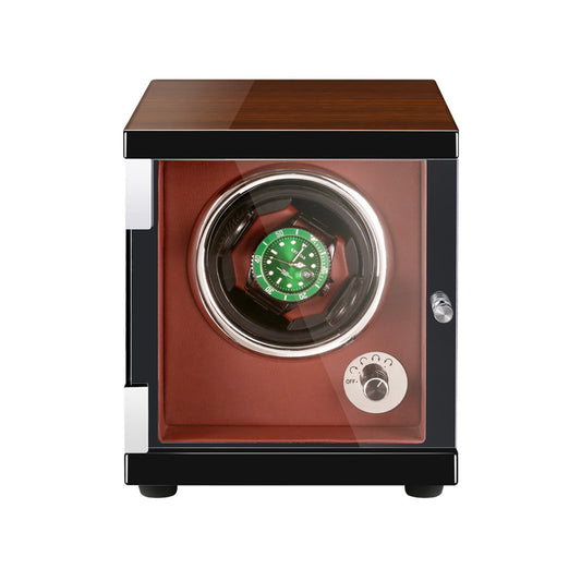 Single position watch winder with walnut lacquer finish on top